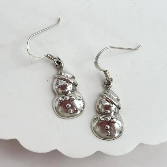 Sterling Silver Vintage Snowman 925 Stamped Thai Made Vintage Dangle Earrings - Picture 1 of 9